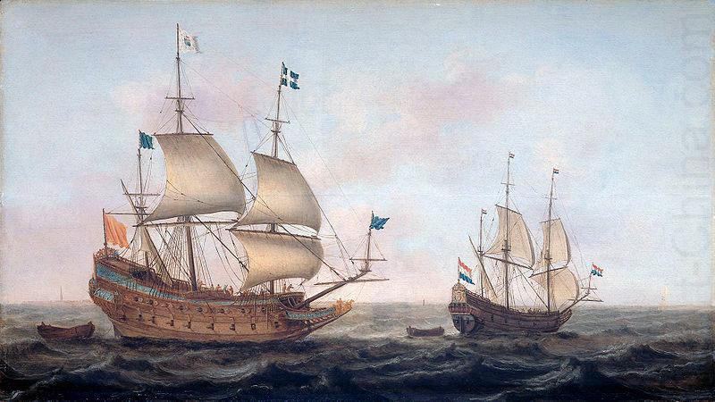 French man-of-war escorted by a Dutch ship in quiet water, Jacob Gerritz. Loeff, Monogrammist JGL